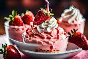 fragole e crema nel un' bicchiere tazza. ai-generato foto