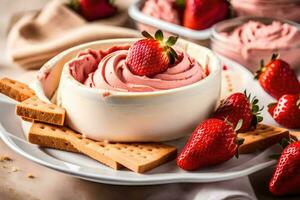 fragola crema formaggio tuffo con cracker. ai-generato foto