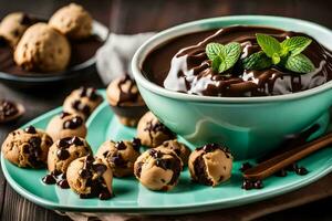 cioccolato patata fritta biscotto Impasto tuffo nel un' ciotola. ai-generato foto