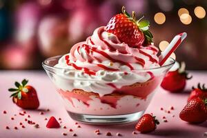 un' dolce con fragole e frustato crema. ai-generato foto