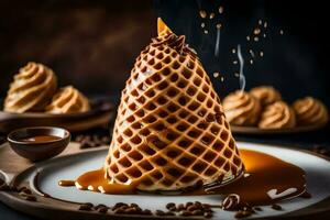 un' cialda cono con caramello salsa e caffè fagioli. ai-generato foto