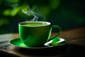 un' tazza di verde tè su un' di legno tavolo. ai-generato foto