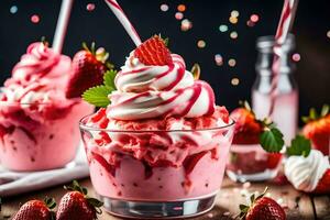 fragola frappè nel un' bicchiere con frustato crema e fragole. ai-generato foto