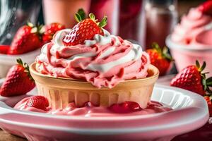 un' fragola ghiaccio crema tazza con frustato crema e fragole. ai-generato foto