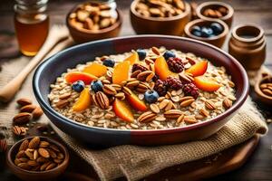 fiocchi d'avena con Pesche e mirtilli nel un' ciotola. ai-generato foto