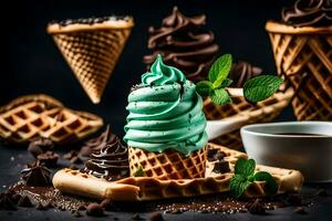 foto sfondo ghiaccio crema, il scuro, cioccolato, menta, cialde, cialde, w. ai-generato