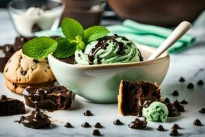 cioccolato menta ghiaccio crema nel un' ciotola con biscotti e menta le foglie. ai-generato foto