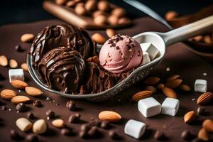 cioccolato ghiaccio crema e mandorle nel un' cucchiaio. ai-generato foto