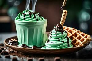 un' verde ghiaccio crema e cialda con cioccolato salsa. ai-generato foto