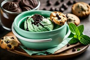 cioccolato patata fritta biscotti e menta ghiaccio crema nel un' ciotola. ai-generato foto