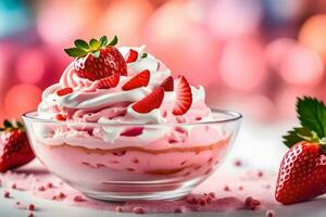 un' ciotola di fragola ghiaccio crema con frustato crema. ai-generato foto