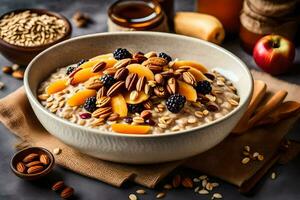 un' ciotola di fiocchi d'avena con frutta e noccioline. ai-generato foto