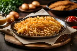 Cinese tagliatelle con uovo e salsa su un' piatto. ai-generato foto