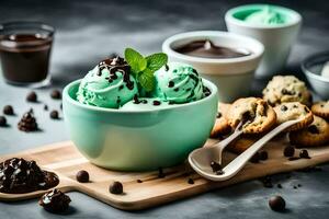 ghiaccio crema con menta e cioccolato patatine fritte. ai-generato foto