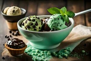 cioccolato ghiaccio crema con menta e menta le foglie. ai-generato foto