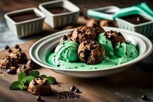 cioccolato patata fritta biscotti e menta ghiaccio crema nel un' ciotola. ai-generato foto