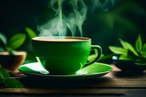 un' tazza di verde tè su un' di legno tavolo. ai-generato foto