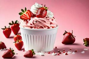 un' tazza di fragola ghiaccio crema con frustato crema. ai-generato foto