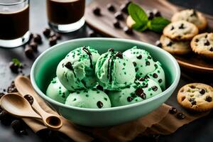 verde ghiaccio crema con cioccolato patatine fritte e menta le foglie. ai-generato foto