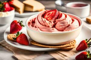 un' ciotola di fragola ghiaccio crema con fragole su un' piatto. ai-generato foto