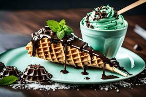 cioccolato ghiaccio crema con menta e cialda su un' piatto. ai-generato foto