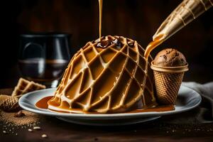 un' caramello ghiaccio crema con un' cucchiaio essere versato al di sopra di esso. ai-generato foto