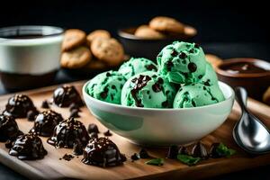 verde ghiaccio crema con cioccolato patatine fritte e menta le foglie. ai-generato foto