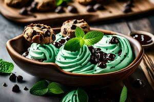 cioccolato patata fritta biscotti e menta ghiaccio crema nel un' ciotola. ai-generato foto