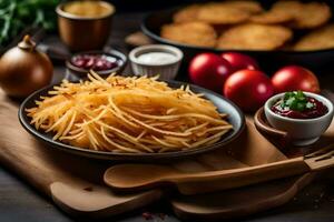 un' piatto di Patata patatine fritte con salsa e uova. ai-generato foto