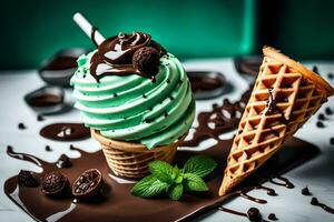 un' cioccolato ghiaccio crema cono con menta e cioccolato patatine fritte. ai-generato foto