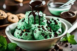 menta cioccolato patata fritta ghiaccio crema nel un' ciotola. ai-generato foto