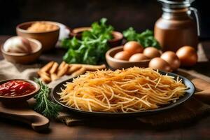 spaghetti con uova e pomodori su un' piatto. ai-generato foto
