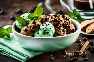 cioccolato menta ghiaccio crema nel un' ciotola con menta le foglie e biscotti. ai-generato foto