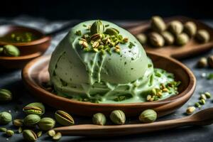 pistacchio ghiaccio crema nel un' ciotola con pistacchi. ai-generato foto