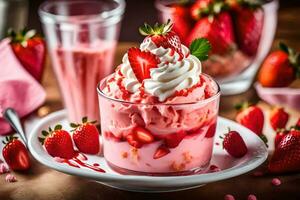 un' fragola coppa di gelato guarnita con frustato crema e fragole. ai-generato foto