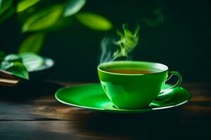 un' tazza di verde tè su un' di legno tavolo. ai-generato foto