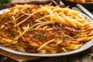 un' piatto di francese patatine fritte con formaggio e prezzemolo. ai-generato foto