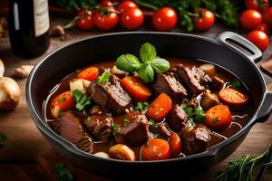 Manzo stufato nel un' padella con verdure e erbe aromatiche. ai-generato foto