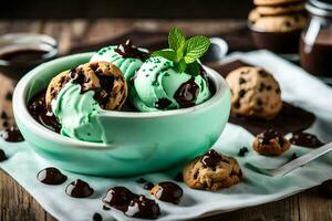 cioccolato patata fritta biscotti e ghiaccio crema nel un' ciotola. ai-generato foto