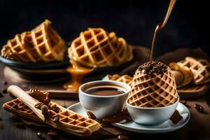 il cialda è essere piovigginato con caramello. ai-generato foto