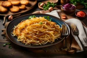 fritte spaghetti con pomodoro salsa e verdure su un' piatto. ai-generato foto