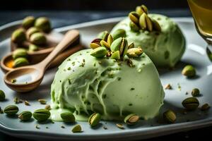 Due ghiaccio crema palle con pistacchi su un' piatto. ai-generato foto