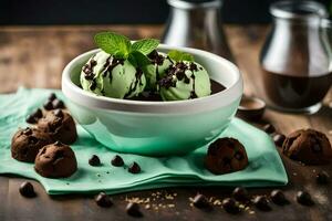 cioccolato ghiaccio crema con menta e cioccolato patatine fritte. ai-generato foto