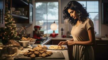 ai generato multy etnico uomo e donna cottura al forno, preparazione festivo cena nel moderno cucina con Natale decorazioni foto