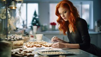 ai generato multy etnico uomo e donna cottura al forno, preparazione festivo cena nel moderno cucina con Natale decorazioni foto