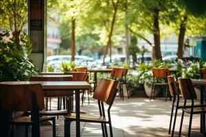 all'aperto tavolo di caffè bar e ristorante. estate terrazza su città strada. vuoto al di fuori tavoli e sedie di all'aperto bar su sfocatura verde giardino. accogliente all'aperto zona bar e ristorante. generativo ai. foto