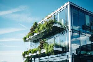 eco-friendly edificio nel il moderno città. sostenibile bicchiere ufficio edificio con albero per riducendo carbonio biossido. ufficio edificio con verde ambiente. aziendale edificio ridurre co2. generativo ai foto