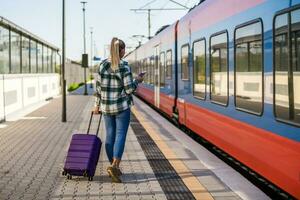 donna con valigia Tenere biglietto e in attesa per accedere in il treno su stazione foto