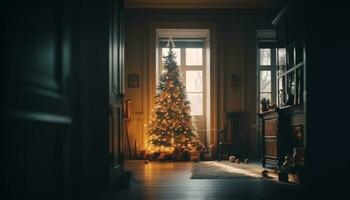ai generato famiglia festeggiare Natale con decorato albero e lume di candela generato di ai foto
