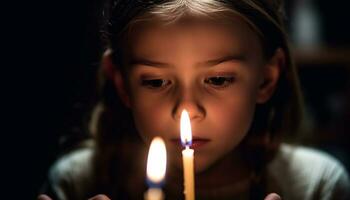 ai generato un' carino ragazza sorridente, Tenere un' candela, festeggiare sua compleanno generato di ai foto